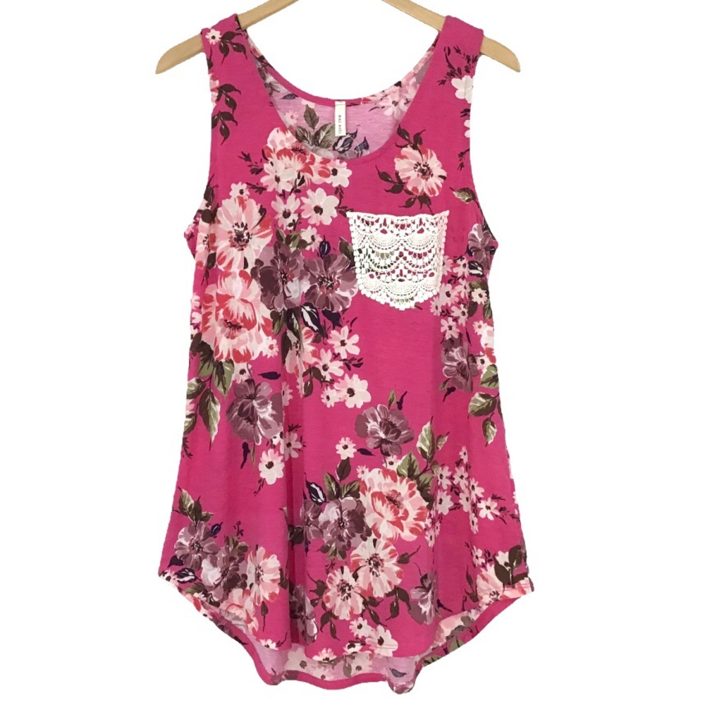 Mai Soli Floral Long Length Tank Top Size L Lace Pocket Made In USA New NWT